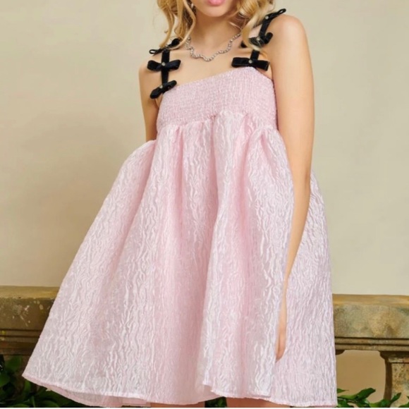Bow Strap Babydoll Mini Dress / Pink / XS / Dream Sister Jane / Black bow straps - Picture 13 of 13